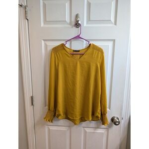 Adrianna Papell Mustard Yellow Dotted V Neck Smocked Long Sleeve Blouse - Size M